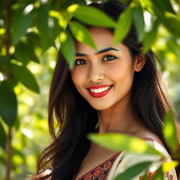 A realistic and naturally beautiful Indonesian Javanese woman, showcasing her elegant features and charming smile