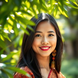 A realistic and naturally beautiful Indonesian Javanese woman, showcasing her elegant features and charming smile