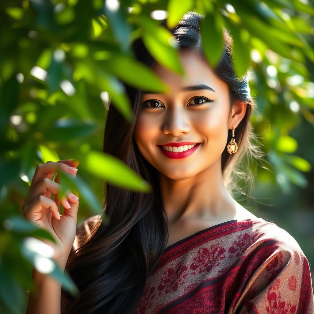 A realistic and naturally beautiful Indonesian Javanese woman, showcasing her elegant features and charming smile