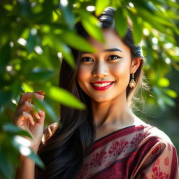 A realistic and naturally beautiful Indonesian Javanese woman, showcasing her elegant features and charming smile