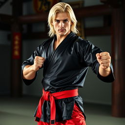 A strong and confident martial arts instructor with striking blonde hair, wearing a sleek black satin karate gi, complemented by a vibrant red satin belt and matching red satin pants