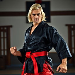 A strong and confident martial arts instructor with striking blonde hair, wearing a sleek black satin karate gi, complemented by a vibrant red satin belt and matching red satin pants