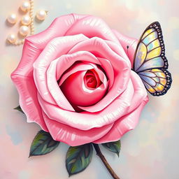 A painting of a pink rose with silver edges on each petal, set against a dreamy background adorned with pearls