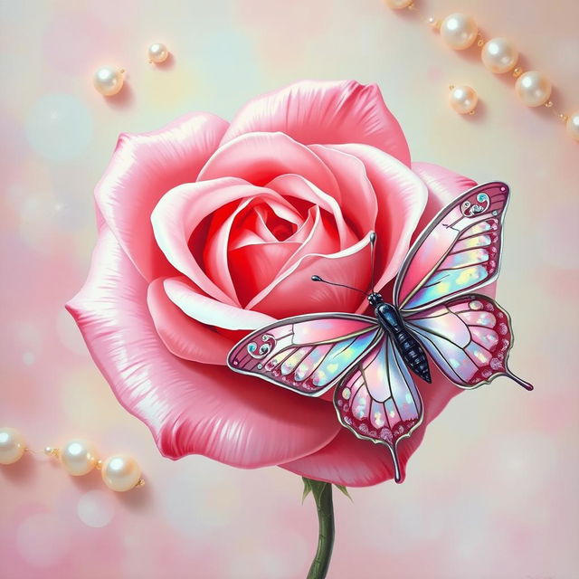 A painting of a pink rose with silver edges on each petal, set against a dreamy background adorned with pearls