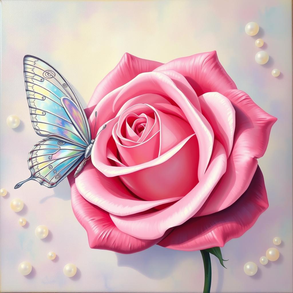 A painting of a pink rose with silver edges on each petal, set against a dreamy background adorned with pearls