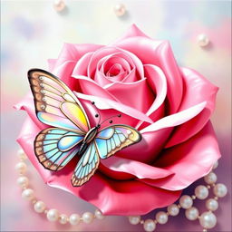 A painting of a pink rose with silver edges on each petal, set against a dreamy background adorned with pearls