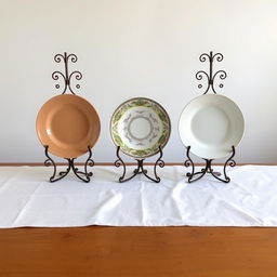 Three identical white plates, made of pottery, china, and plastic, elegantly arranged on a pristine white cloth spread over a wooden table