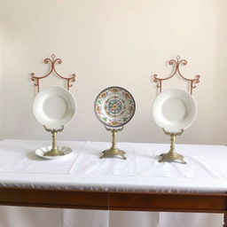 Three identical white plates, made of pottery, china, and plastic, elegantly arranged on a pristine white cloth spread over a wooden table