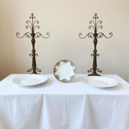 Three identical white plates, made of pottery, china, and plastic, elegantly arranged on a pristine white cloth spread over a wooden table