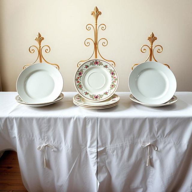 Three identical white plates, made of pottery, china, and plastic, elegantly arranged on a pristine white cloth spread over a wooden table