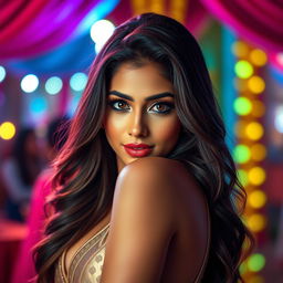 A stunning portrait of a female celebrity resembling an Indian actress with an alluring presence, featuring long flowing hair and striking makeup