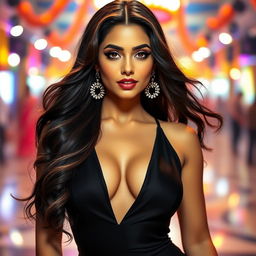 A stunning portrait of a female celebrity resembling an Indian actress with an alluring presence, featuring long flowing hair and striking makeup