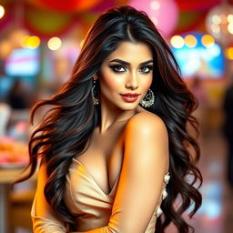 A stunning portrait of a female celebrity resembling an Indian actress with an alluring presence, featuring long flowing hair and striking makeup