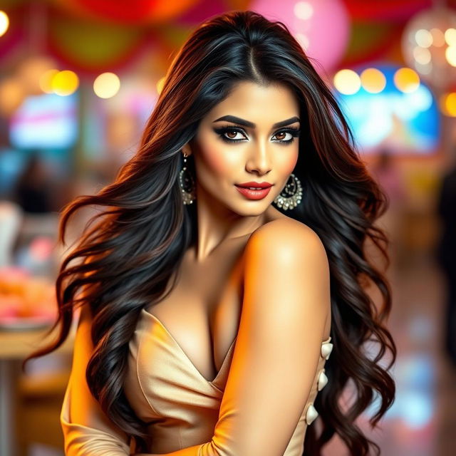 A stunning portrait of a female celebrity resembling an Indian actress with an alluring presence, featuring long flowing hair and striking makeup