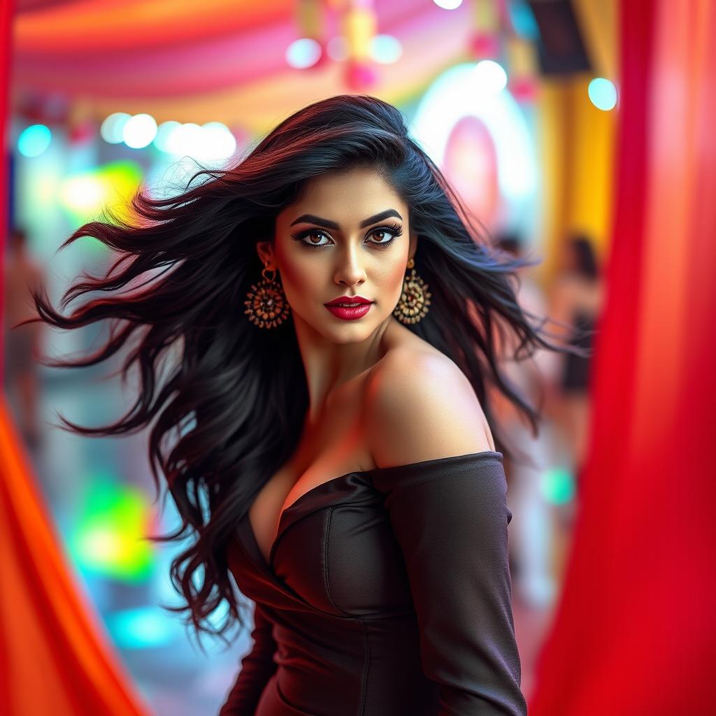 A stunning portrait of a female celebrity resembling an Indian actress with an alluring presence, featuring long flowing hair and striking makeup