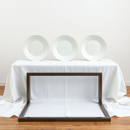 A visually striking still-life arrangement featuring three identical white plates made of different materials: pottery, china, and plastic
