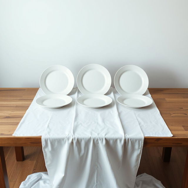 A visually striking still-life arrangement featuring three identical white plates made of different materials: pottery, china, and plastic