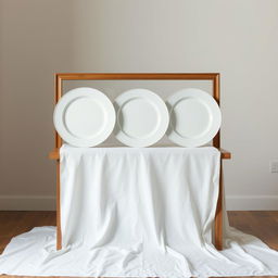 A visually striking still-life arrangement featuring three identical white plates made of different materials: pottery, china, and plastic