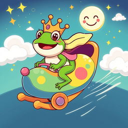 A cartoon character depiction of King Frog Wart Mamu, an anthropomorphic frog with a whimsical crown, riding on a vibrant, colorful rocker that is soaring towards the moon