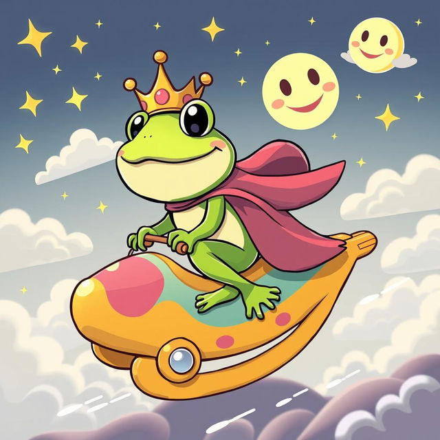 A cartoon character depiction of King Frog Wart Mamu, an anthropomorphic frog with a whimsical crown, riding on a vibrant, colorful rocker that is soaring towards the moon