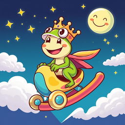 A cartoon character depiction of King Frog Wart Mamu, an anthropomorphic frog with a whimsical crown, riding on a vibrant, colorful rocker that is soaring towards the moon