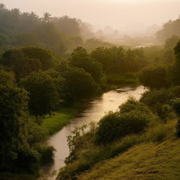 A sunlit ancient temple surrounded by lush greenery and a serene river flowing beside it