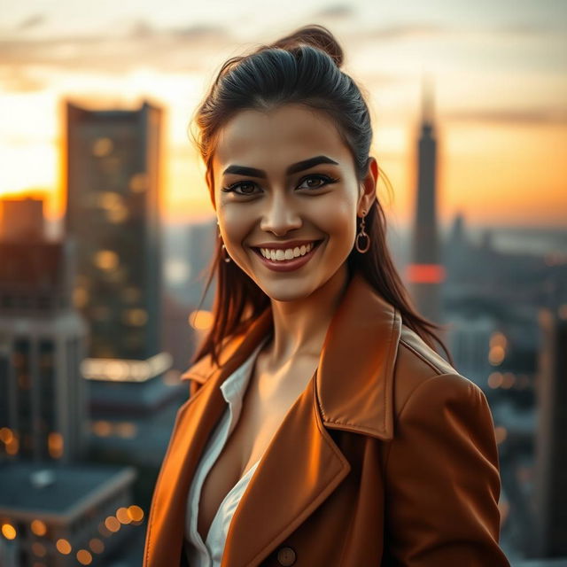 A stylish portrait of a confident person with an engaging smile, dressed in a fashionable outfit that highlights their personality