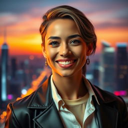 A stylish portrait of a confident person with an engaging smile, dressed in a fashionable outfit that highlights their personality
