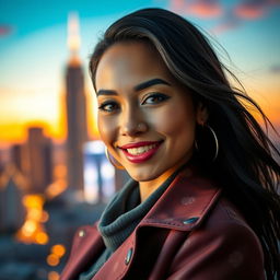 A stylish portrait of a confident person with an engaging smile, dressed in a fashionable outfit that highlights their personality