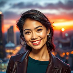 A stylish portrait of a confident person with an engaging smile, dressed in a fashionable outfit that highlights their personality