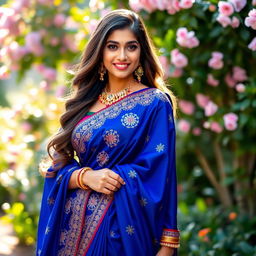 A stunning woman wearing a beautiful blue sari, elegantly draped, showcasing intricate embroidery and vibrant patterns
