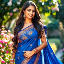 A stunning woman wearing a beautiful blue sari, elegantly draped, showcasing intricate embroidery and vibrant patterns