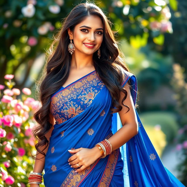 A stunning woman wearing a beautiful blue sari, elegantly draped, showcasing intricate embroidery and vibrant patterns