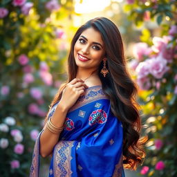 A stunning woman wearing a beautiful blue sari, elegantly draped, showcasing intricate embroidery and vibrant patterns