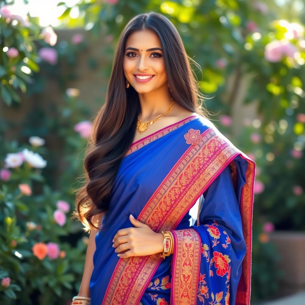 A stunning woman wearing a beautiful blue sari, elegantly draped, showcasing intricate embroidery and vibrant patterns