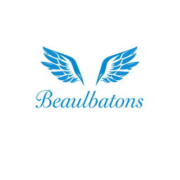 A logo design featuring a stylish pair of wings symbolizing elegance and grace, with the word 'Beauxbatons' prominently displayed in an elegant, serif font in a vibrant blue color