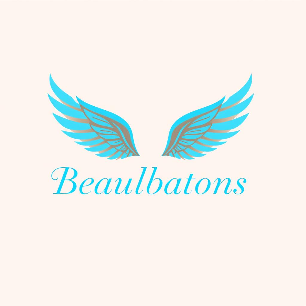 A logo design featuring a stylish pair of wings symbolizing elegance and grace, with the word 'Beauxbatons' prominently displayed in an elegant, serif font in a vibrant blue color