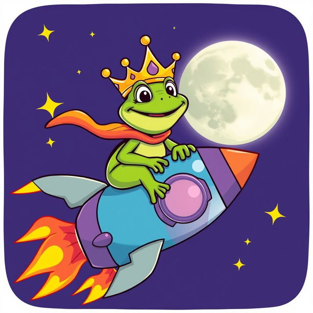 A cartoon-style character of King Wart the frog, riding a colorful rocket ship towards the moon