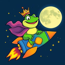A cartoon-style character of King Wart the frog, riding a colorful rocket ship towards the moon