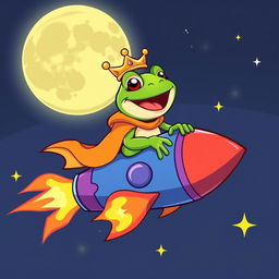 A cartoon-style character of King Wart the frog, riding a colorful rocket ship towards the moon