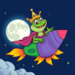 A cartoon-style character of King Wart the frog, riding a colorful rocket ship towards the moon