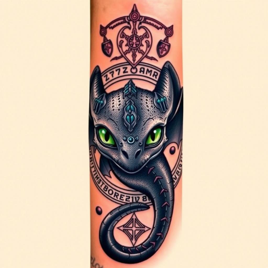 A detailed Viking arm band tattoo design featuring Toothless, the dragon from How To Train Your Dragon, at the center