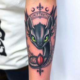 A detailed Viking arm band tattoo design featuring Toothless, the dragon from How To Train Your Dragon, at the center