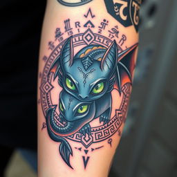 A detailed Viking arm band tattoo design featuring Toothless, the dragon from How To Train Your Dragon, at the center