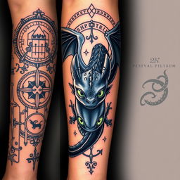 A detailed Viking arm band tattoo design featuring Toothless, the dragon from How To Train Your Dragon, at the center