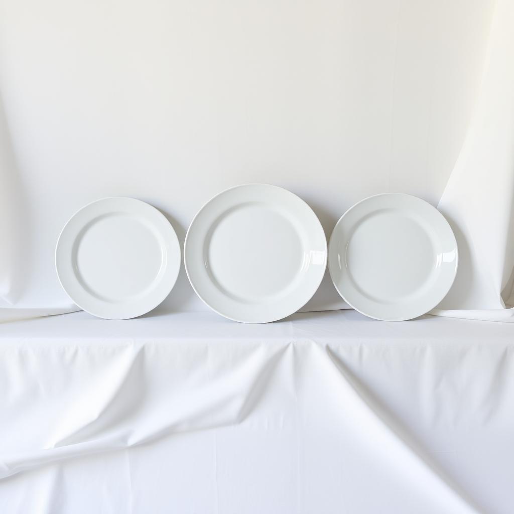 A composition featuring three identical white plates of the same size and shape made from different materials: one in pottery, one in china, and one in plastic