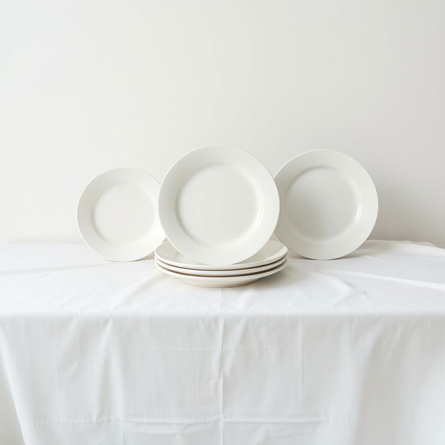 A composition featuring three identical white plates of the same size and shape made from different materials: one in pottery, one in china, and one in plastic