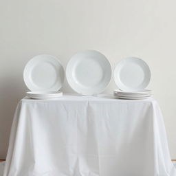 A composition featuring three identical white plates of the same size and shape made from different materials: one in pottery, one in china, and one in plastic