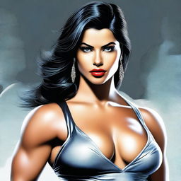 A high-quality digital art piece featuring a striking woman with a bodybuilder's physique