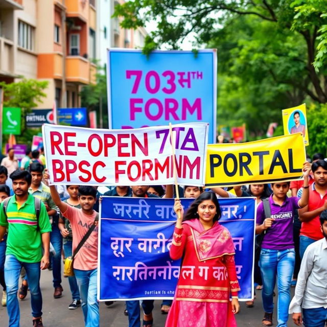 A vibrant scene of a group of enthusiastic students marching on a bustling street, holding colorful banners